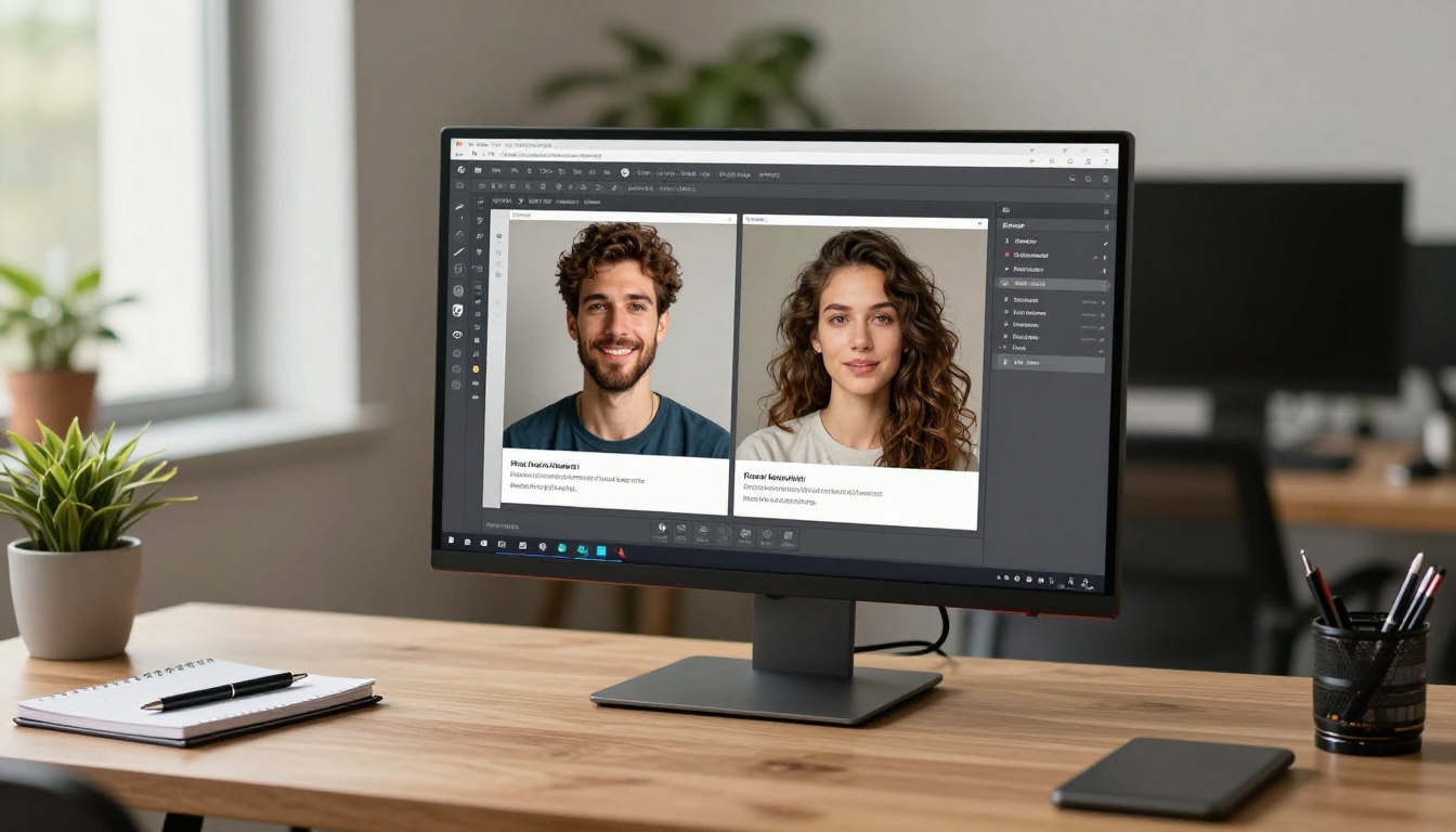 Side-by-side AI generation comparison on a monitor in a modern minimalist workspace with soft natural window light