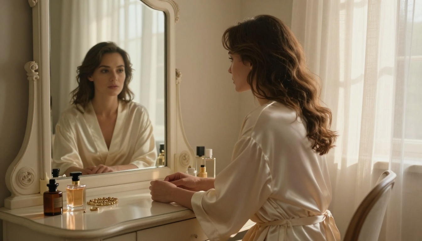 Elegant woman in an ivory silk robe at a vintage vanity mirror, warm volumetric morning light streaming through sheer curtains
