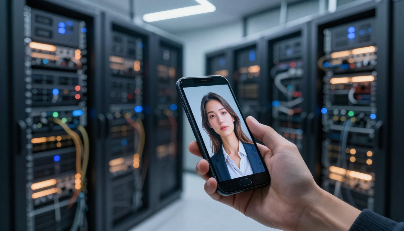 Person's hand holding a smartphone displaying an AI-generated portrait, server room with cool blue LED lighting in background