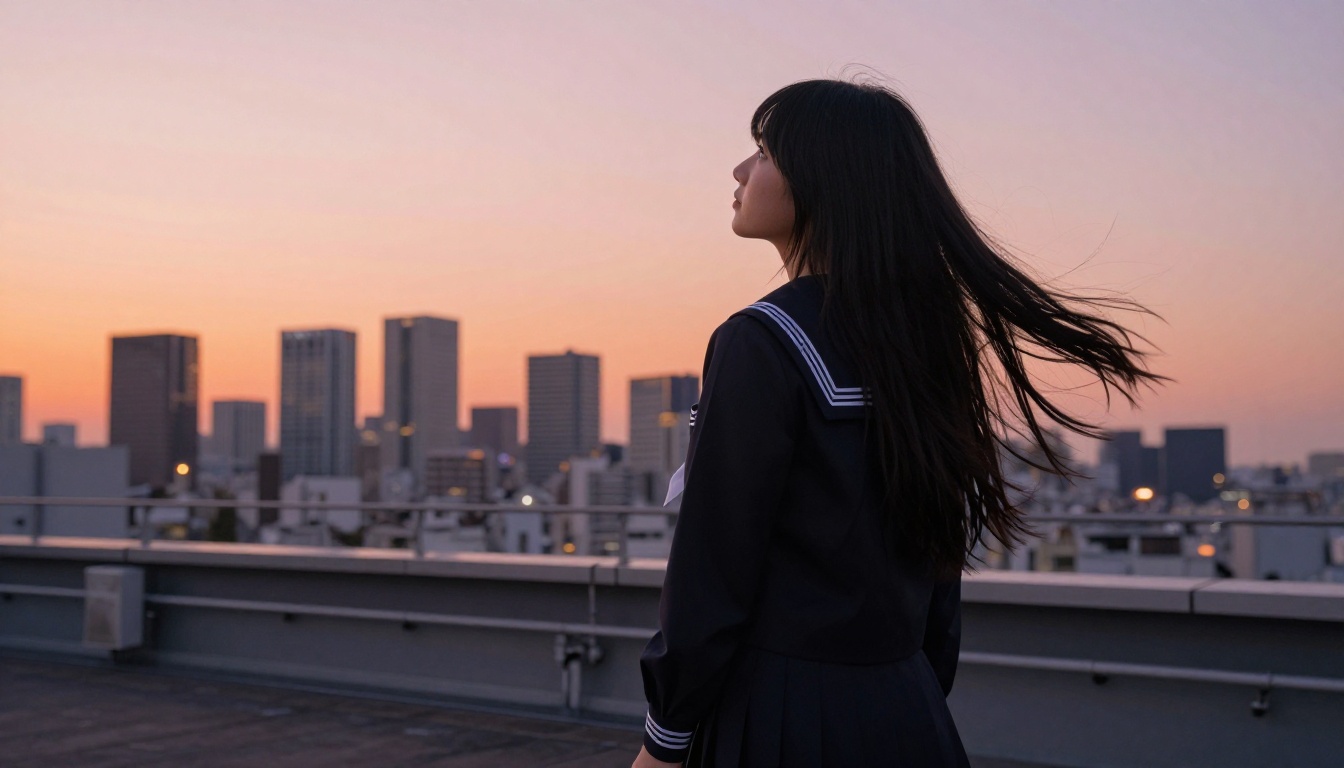 Anime girl on Tokyo rooftop at dusk