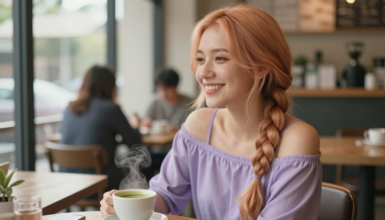 Anime waifu in rose-gold hair at cafe window