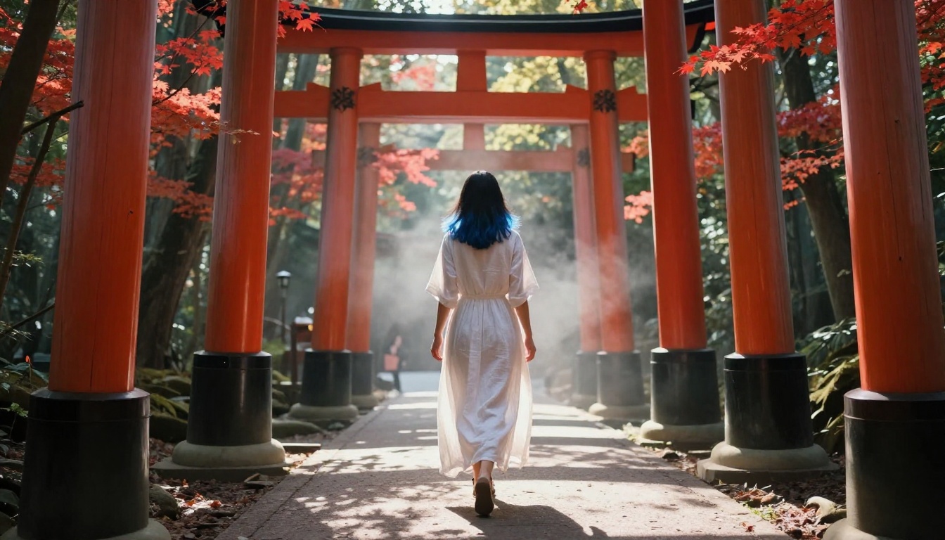 Anime waifu in torii gate forest path