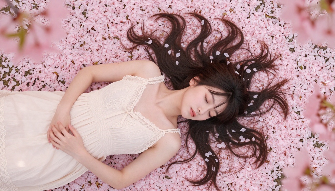 Aerial view of anime girl in cherry blossom petals