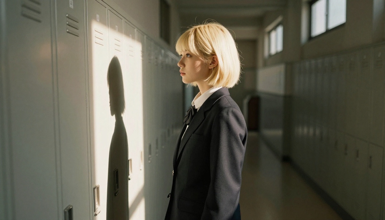Anime school girl in Japanese high school hallway