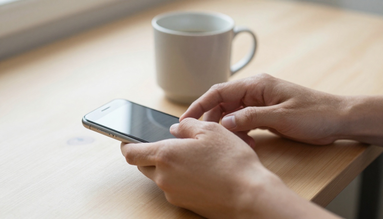 A woman smiles at her phone in a warm café, reading a birthday message