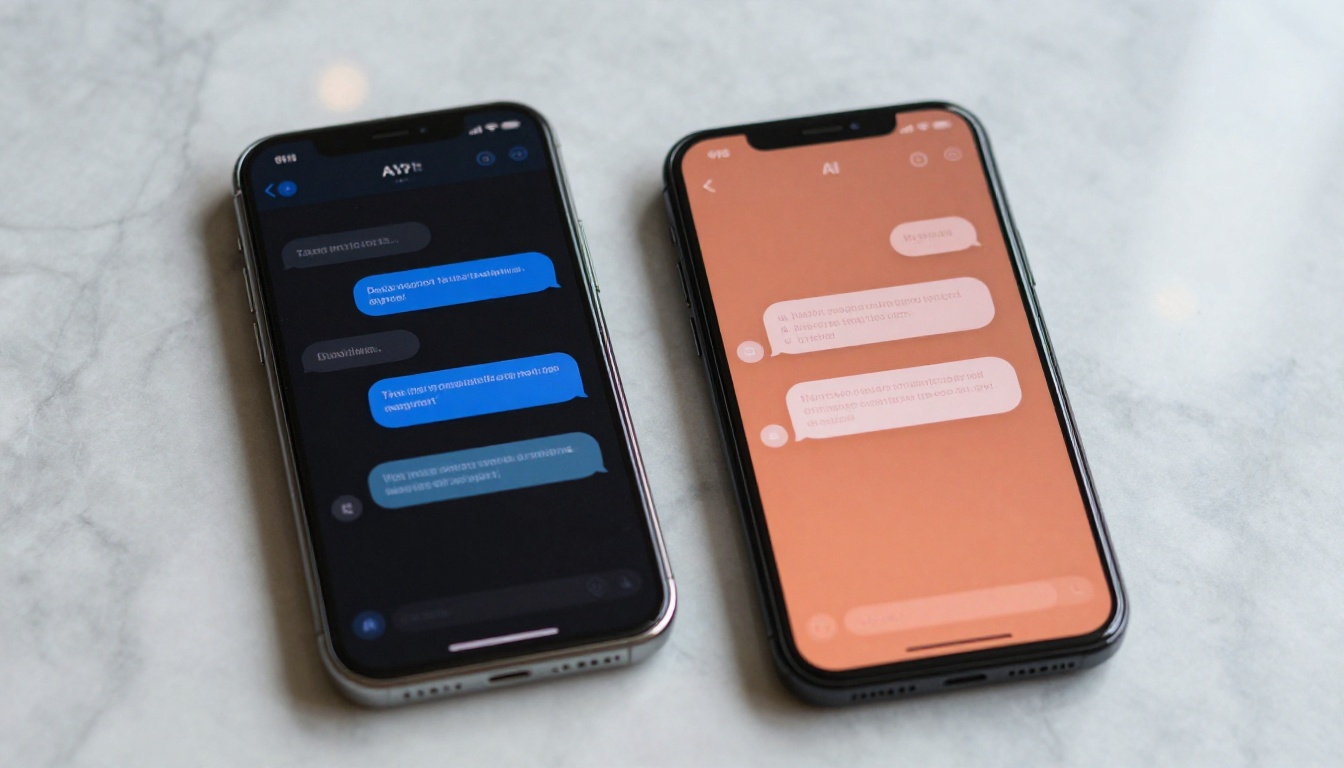 Two smartphones on a marble table showing AI companion chats, one in dark mode and one in coral