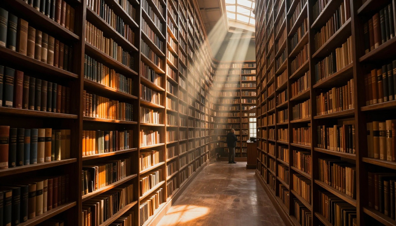 A vast amber-lit library with infinite shelves represents AI memory architecture