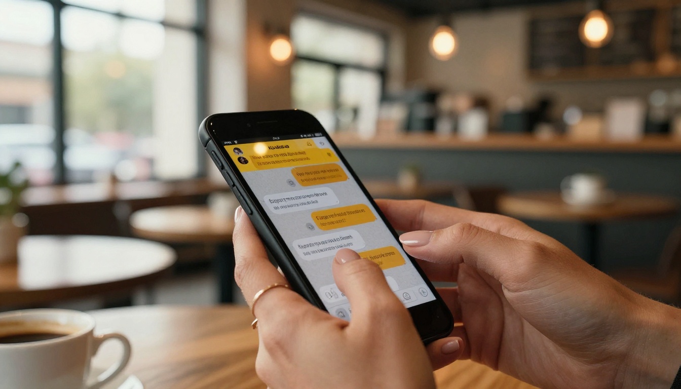 Hands holding a phone with an AI chat conversation open in a cafe