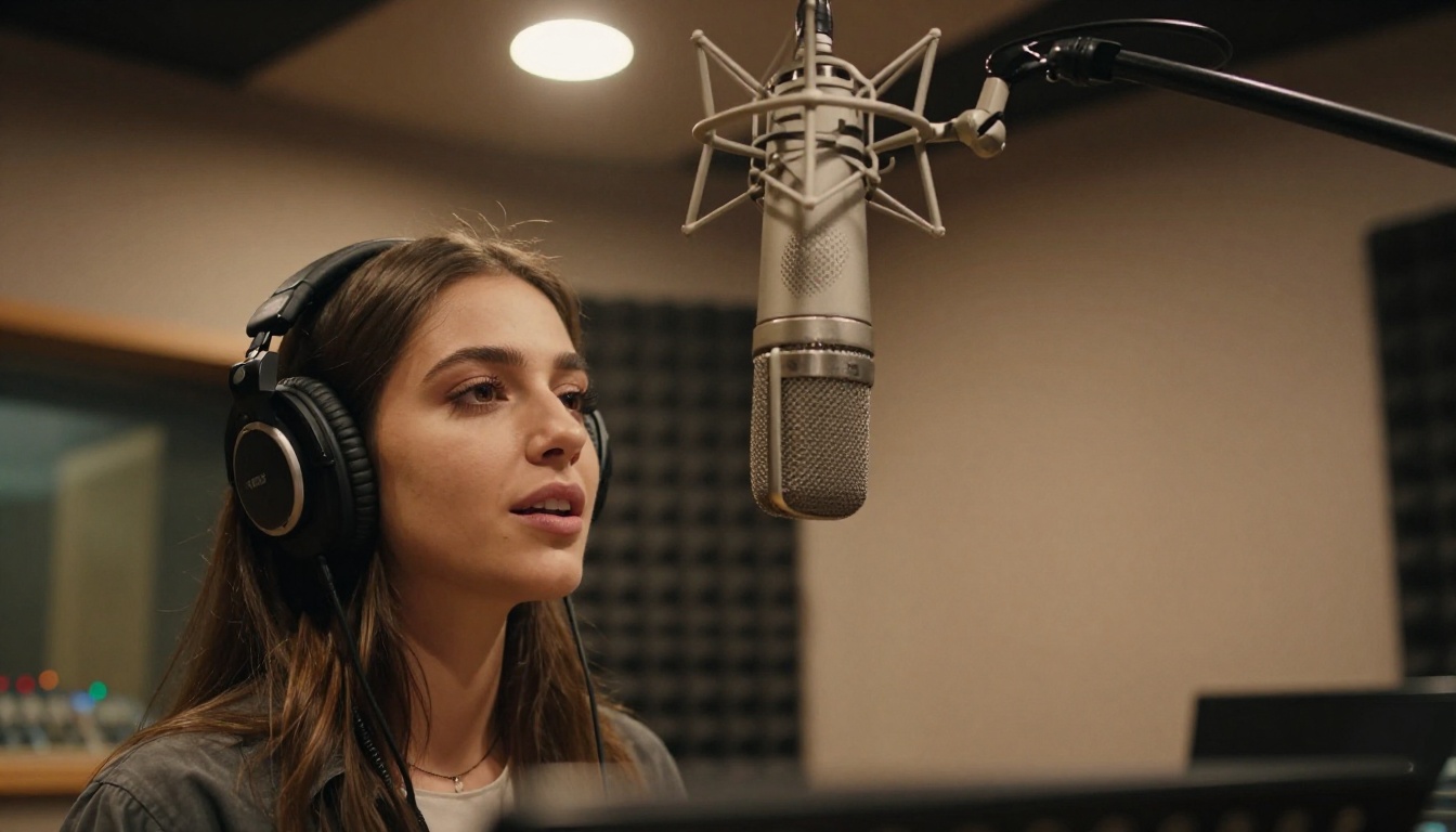A young woman speaks softly into a vintage studio microphone, warm amber light overhead
