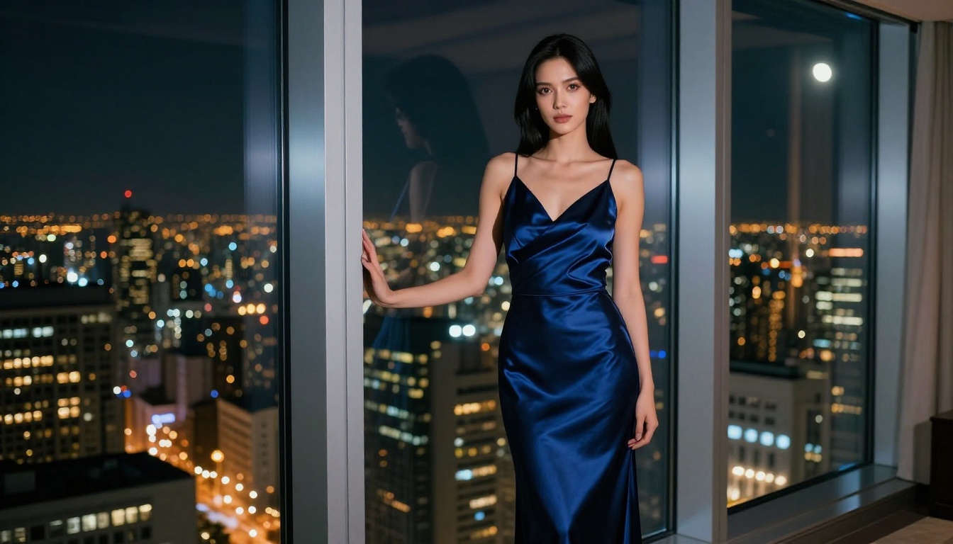 Woman in a navy satin slip dress by a window overlooking a city skyline at night