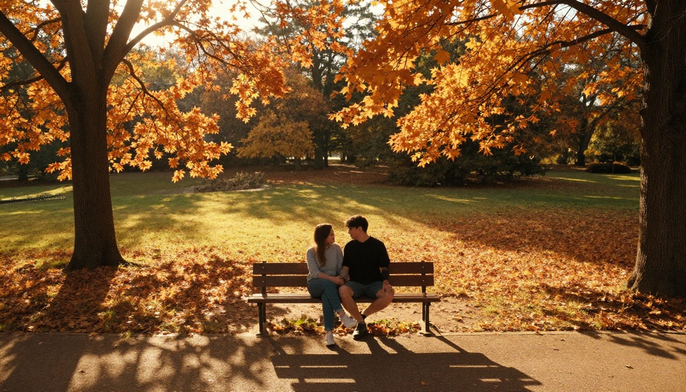 A couple sitting on a park bench seen from aerial view, autumn leaves surrounding them, golden hour light