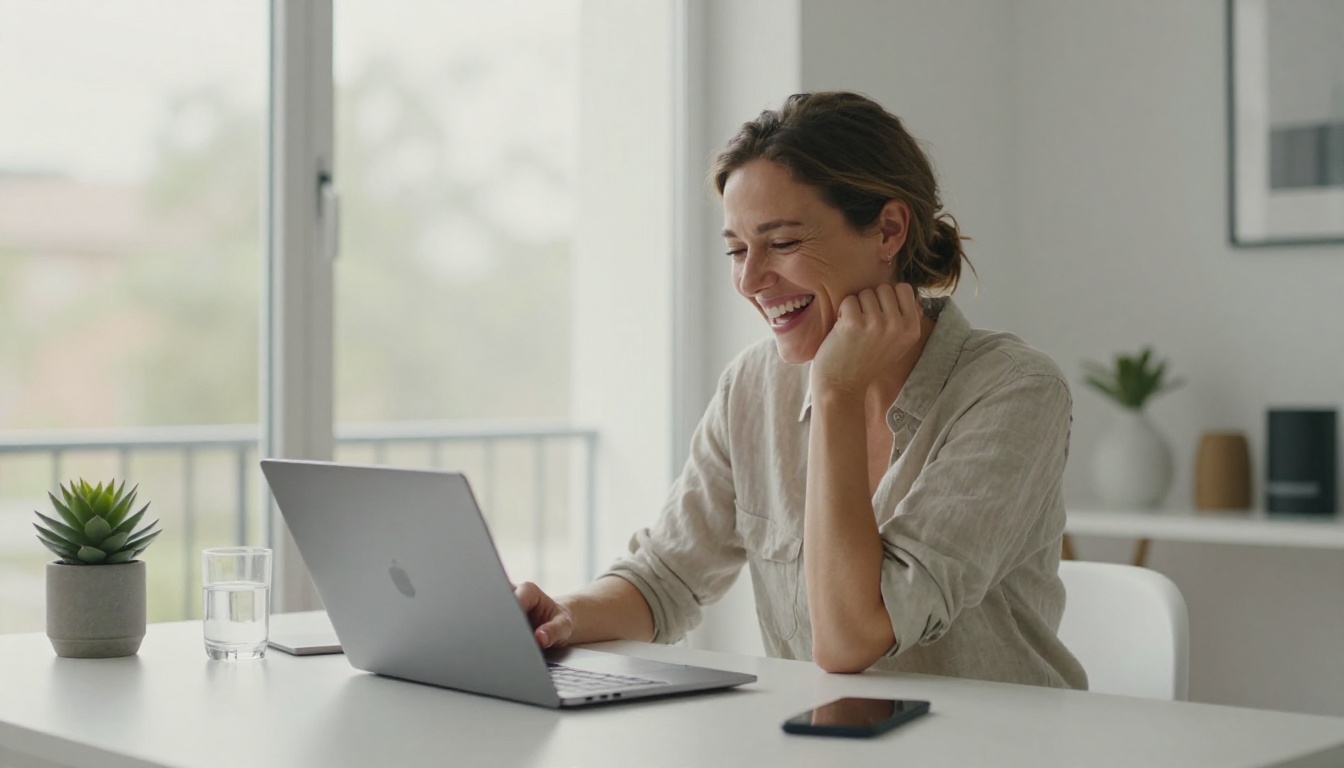 A woman laughs genuinely at her laptop in a bright home office, natural daylight streaming in