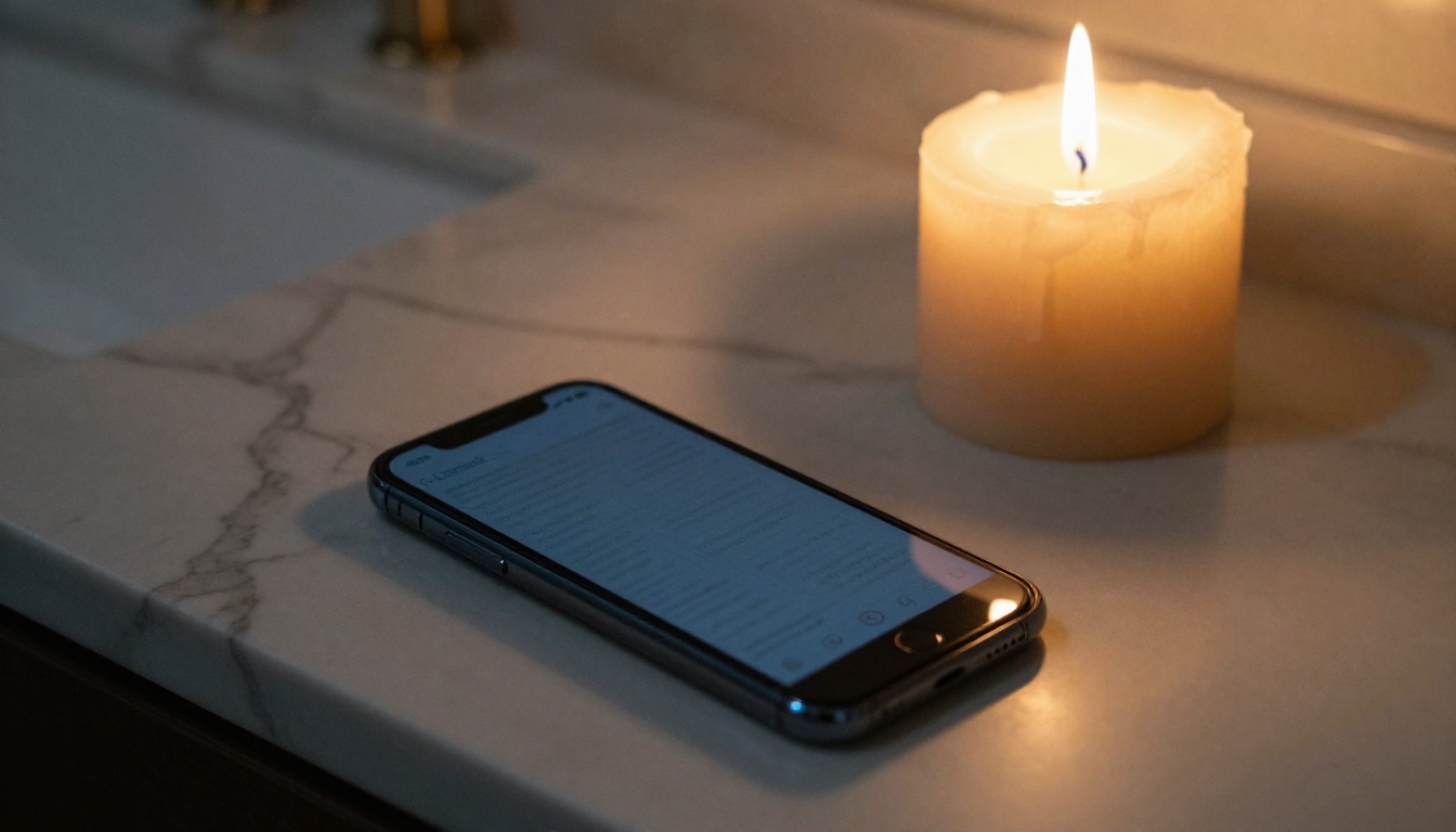 A smartphone beside a birthday cake with lit candles on a marble vanity, warm candlelight
