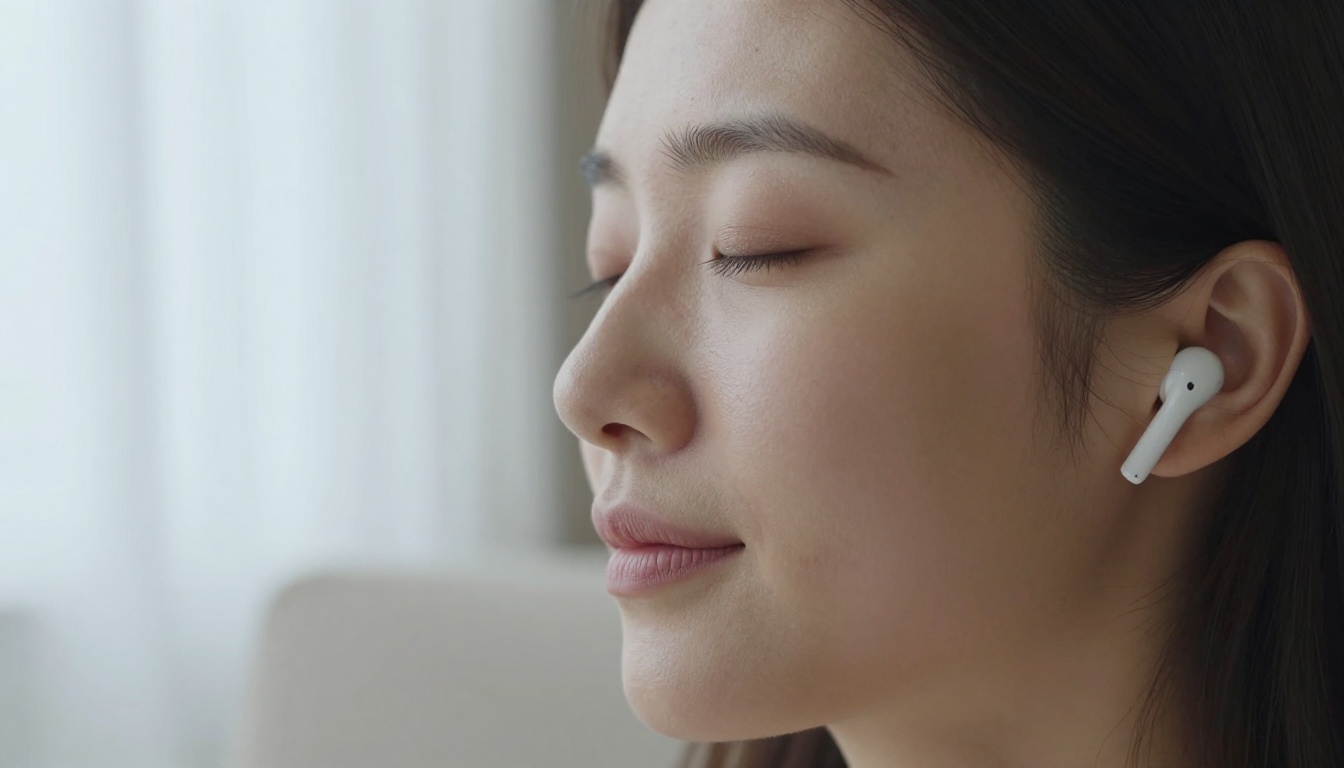 A woman wearing wireless earbuds listens with closed eyes, a peaceful expression in soft natural window light