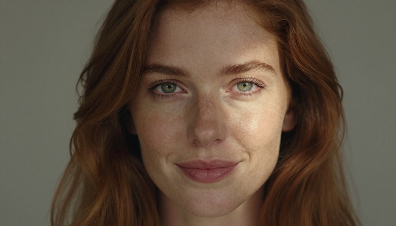 Close-up portrait of a smiling red-haired woman with freckles and green eyes