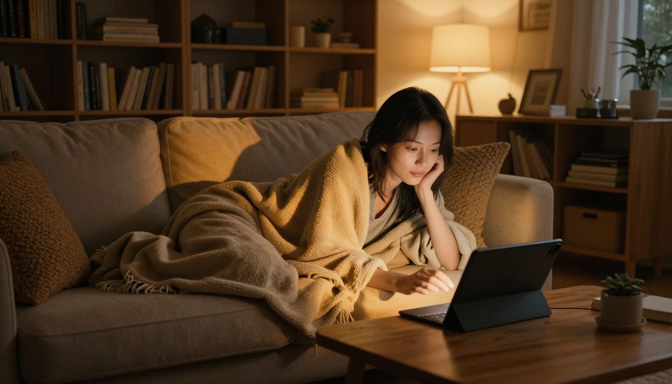 A woman curled up on a sofa with a blanket, warm lamp light, looking at a tablet in a cozy living room