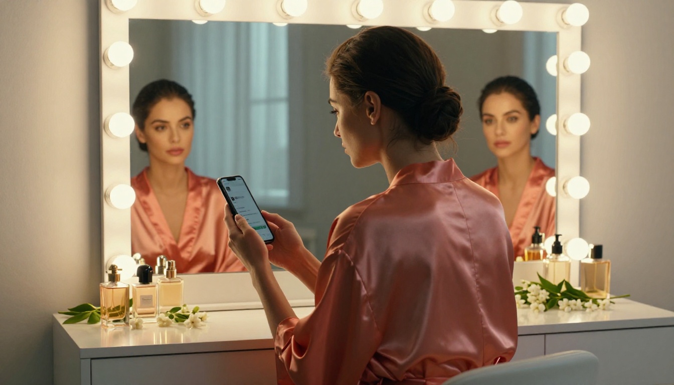 Woman in a pink satin robe checking her phone at a lit vanity mirror