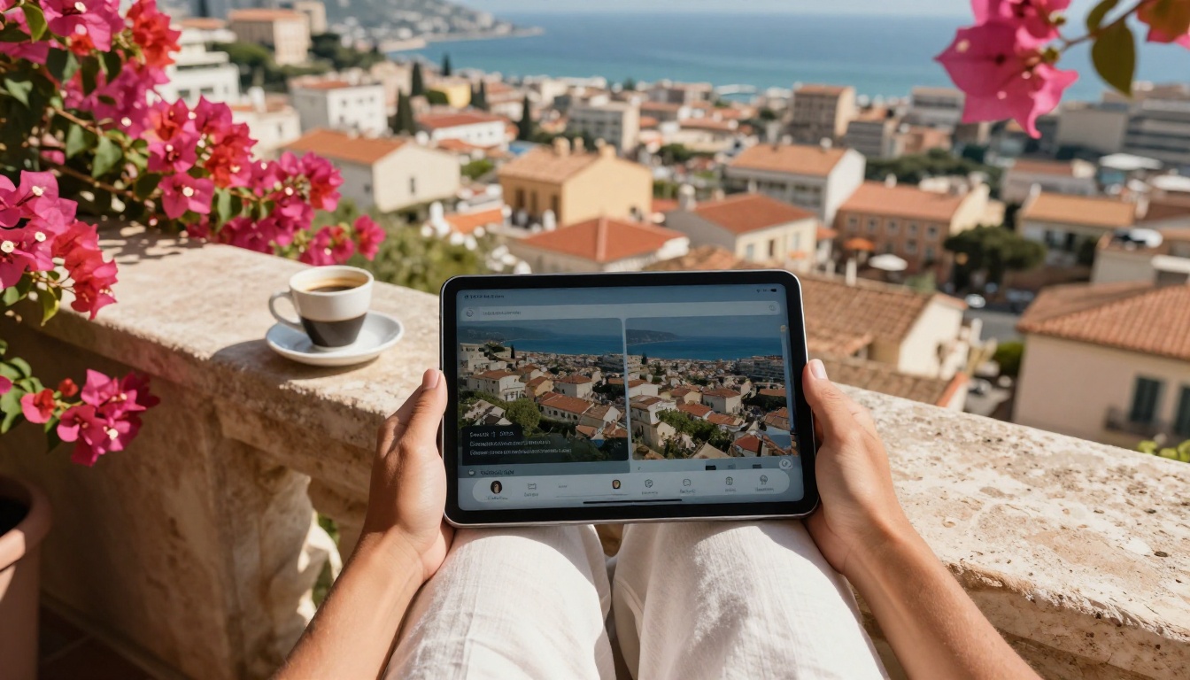Hands holding a tablet with two generated views of a coastal town on a sunny balcony