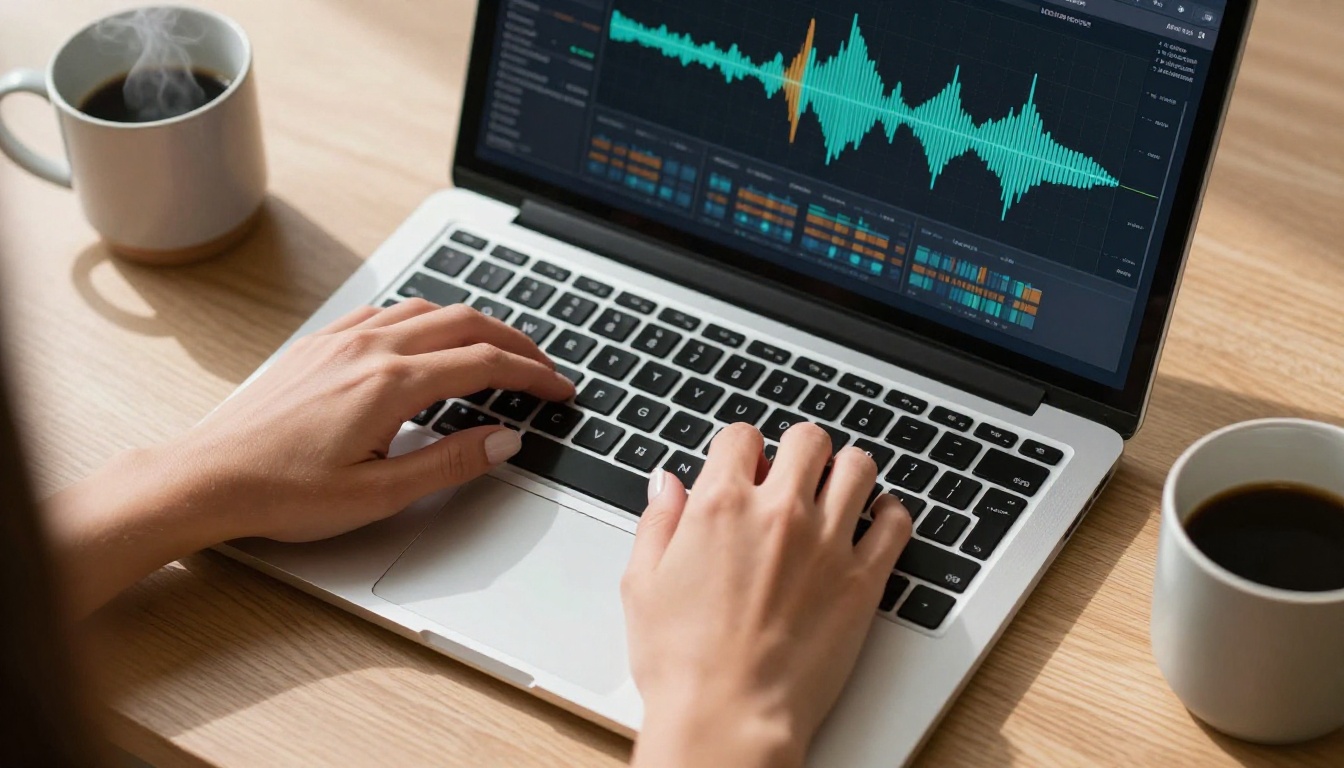 Laptop keyboard with audio waveform interface, overhead shot, warm morning light