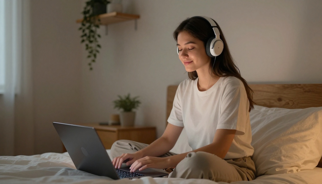 Woman with wireless headphones on bed, eyes closed, peaceful expression, warm lamp light