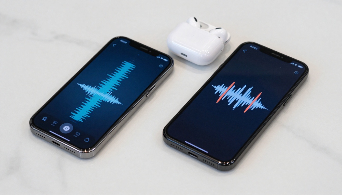 Two smartphones on a marble desk, voice chat interfaces visible, overhead view