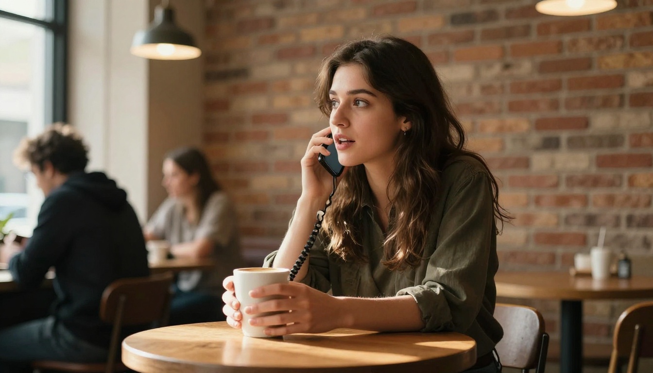 Woman in café leaning toward phone, animated expression, Rembrandt window light