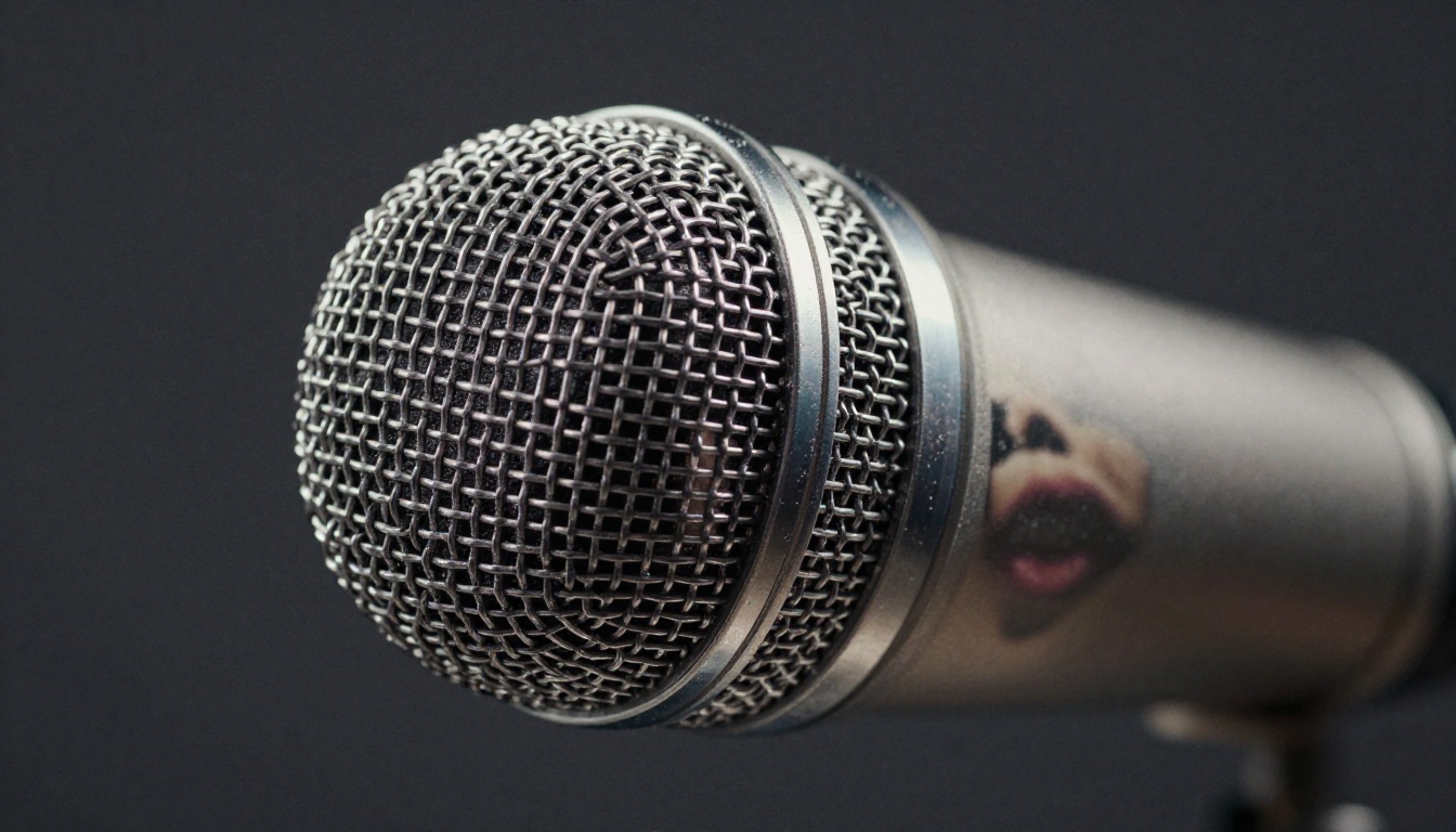 Close-up of condenser microphone mesh with woman's reflection, studio lighting