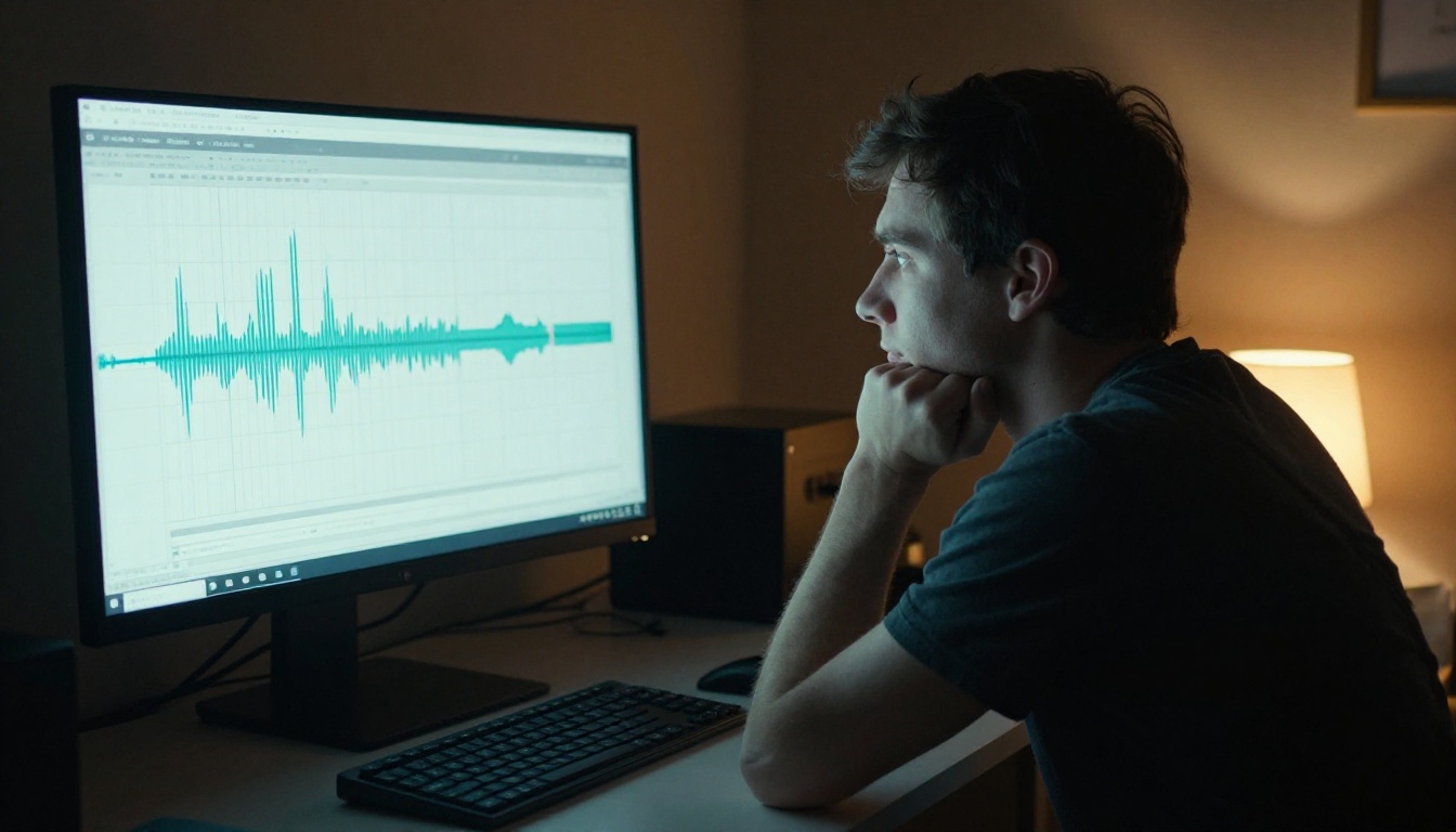 Man at desk at night, monitor glow, audio waveforms on screen, contemplative