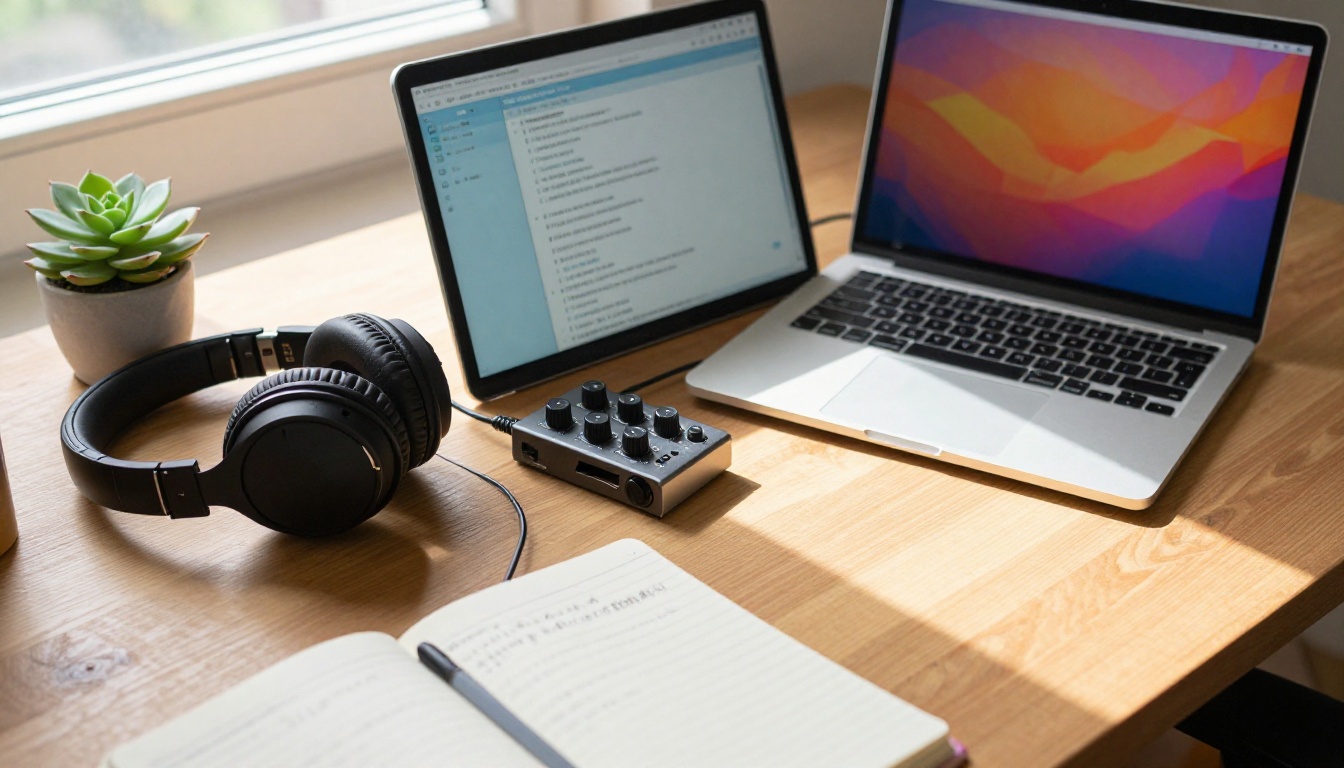 Creative desk workspace with studio headphones and audio interface, natural daylight