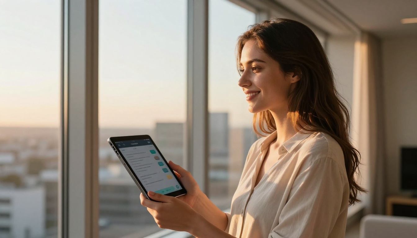 Woman standing by window with tablet, golden hour light, warm smile