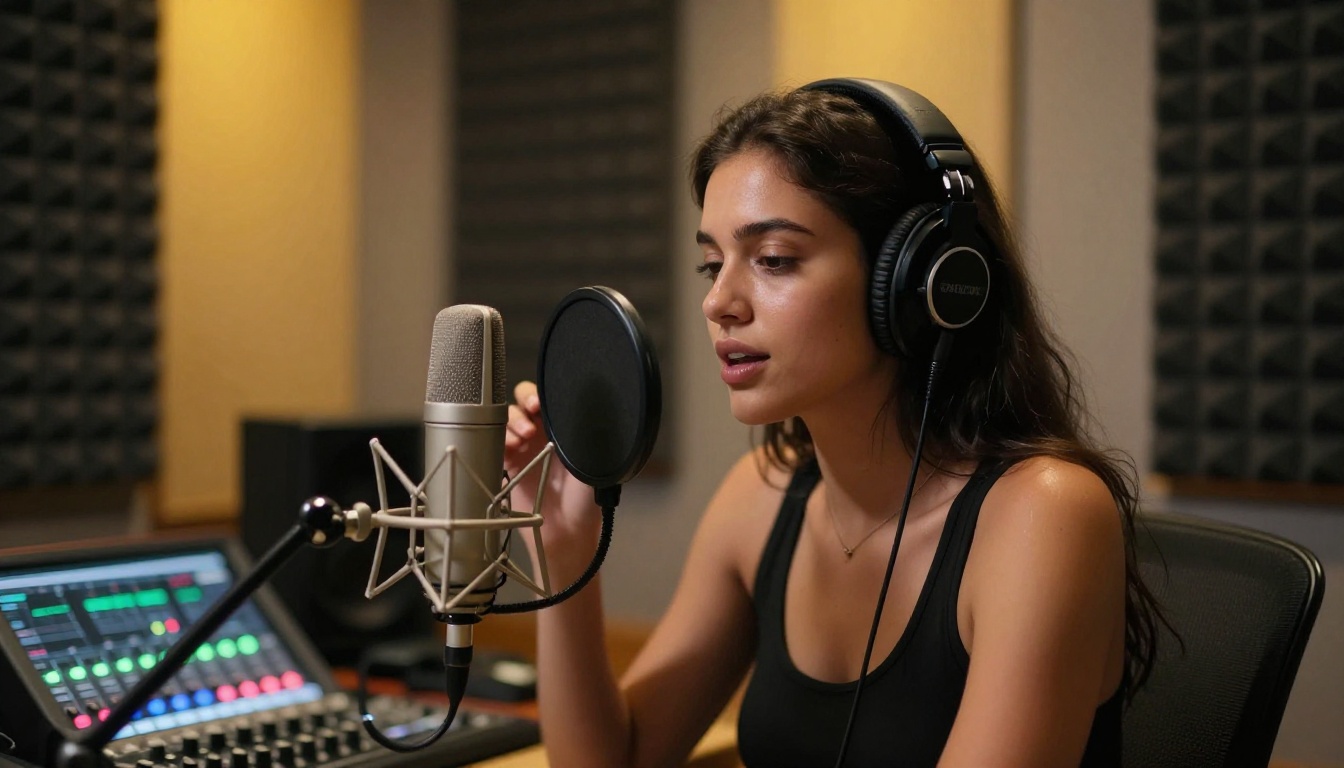Voice recording studio with a woman speaking into a condenser microphone Voice recording studio with a woman speaking into a condenser microphone