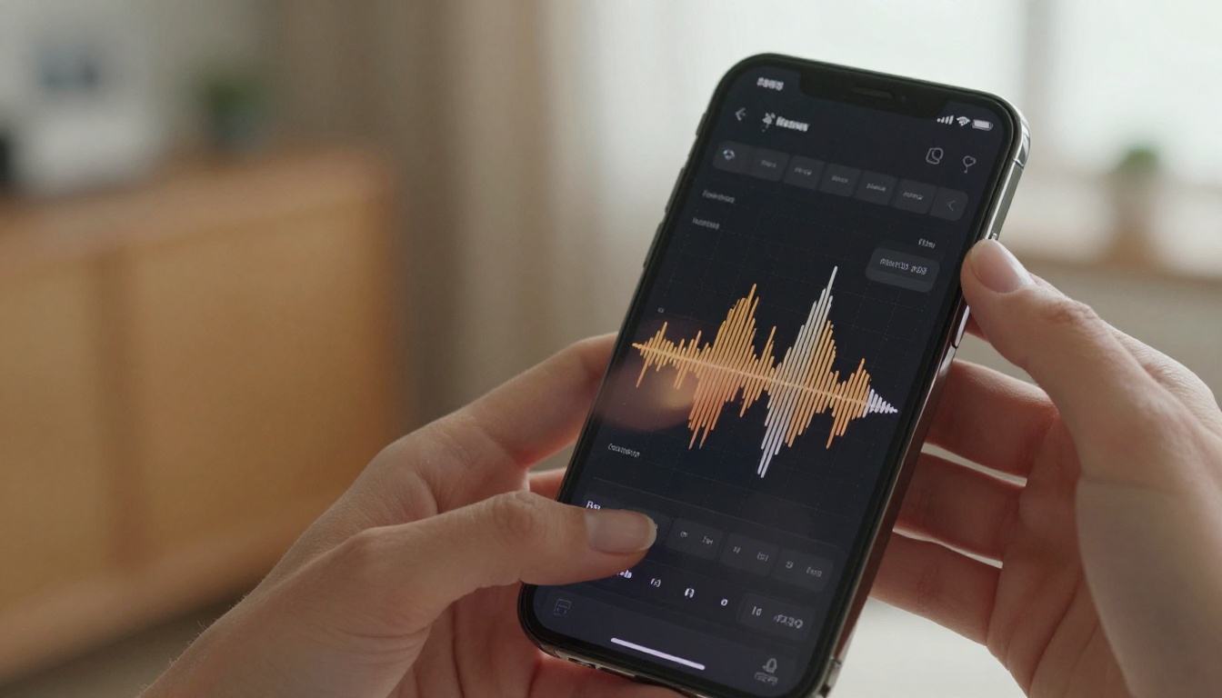 Close-up of feminine hands holding a smartphone displaying an audio waveform interface Close-up of feminine hands holding a smartphone displaying an audio waveform interface