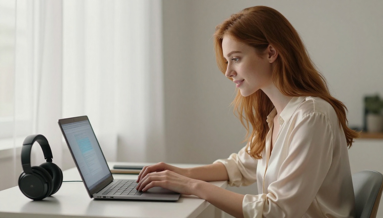 Beautiful young woman at a white desk with laptop and headphones in afternoon light Beautiful young woman at a white desk with laptop and headphones in afternoon light