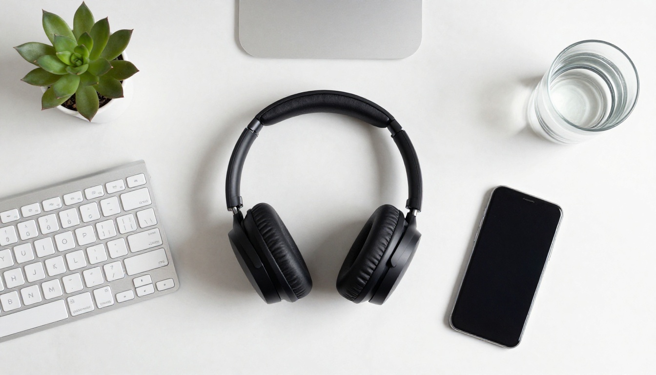 Tech workspace flat lay with headphones, smartphone, and keyboard on white marble Tech workspace flat lay with headphones, smartphone, and keyboard on white marble