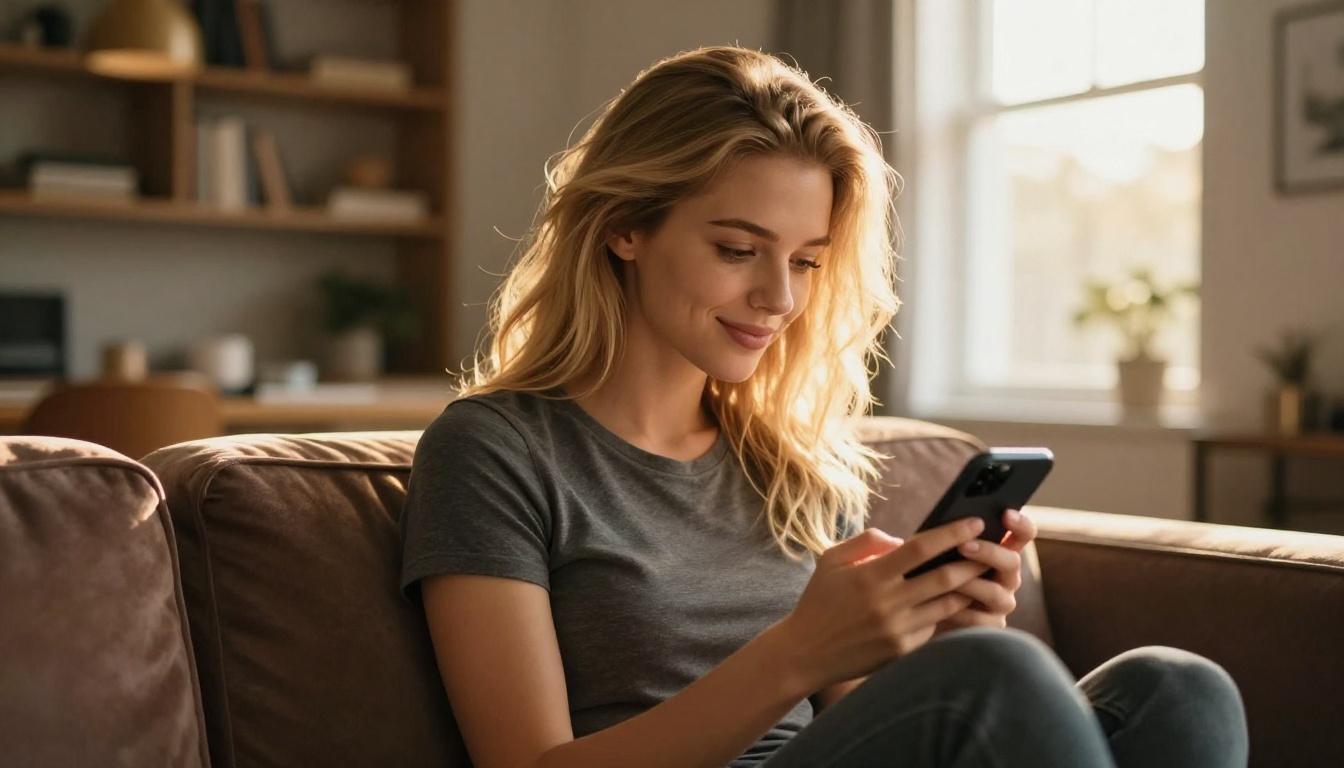 Beautiful woman with phone on velvet sofa, golden hour backlight Beautiful woman with phone on velvet sofa, golden hour backlight