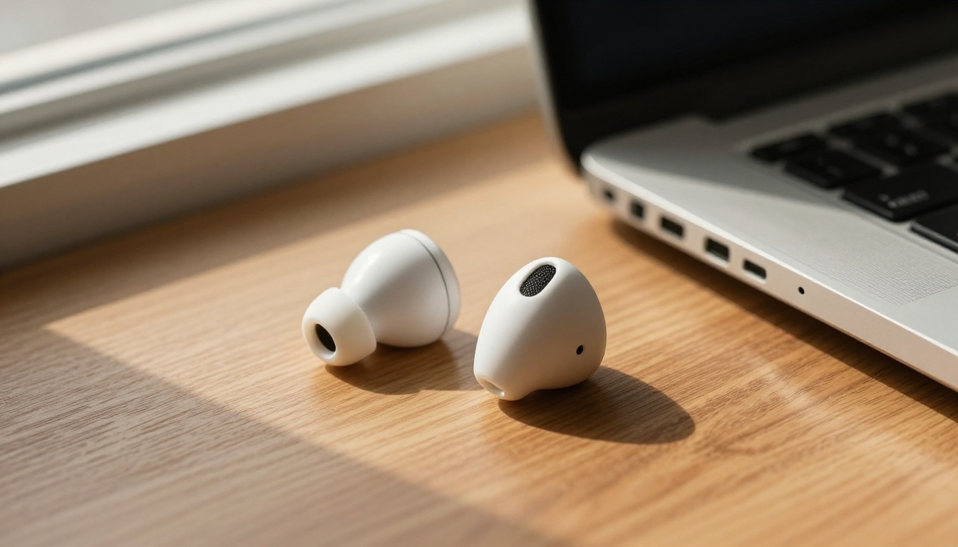 Close-up of premium wireless earbuds on a wooden desk, warm window light Close-up of premium wireless earbuds on a wooden desk, warm window light