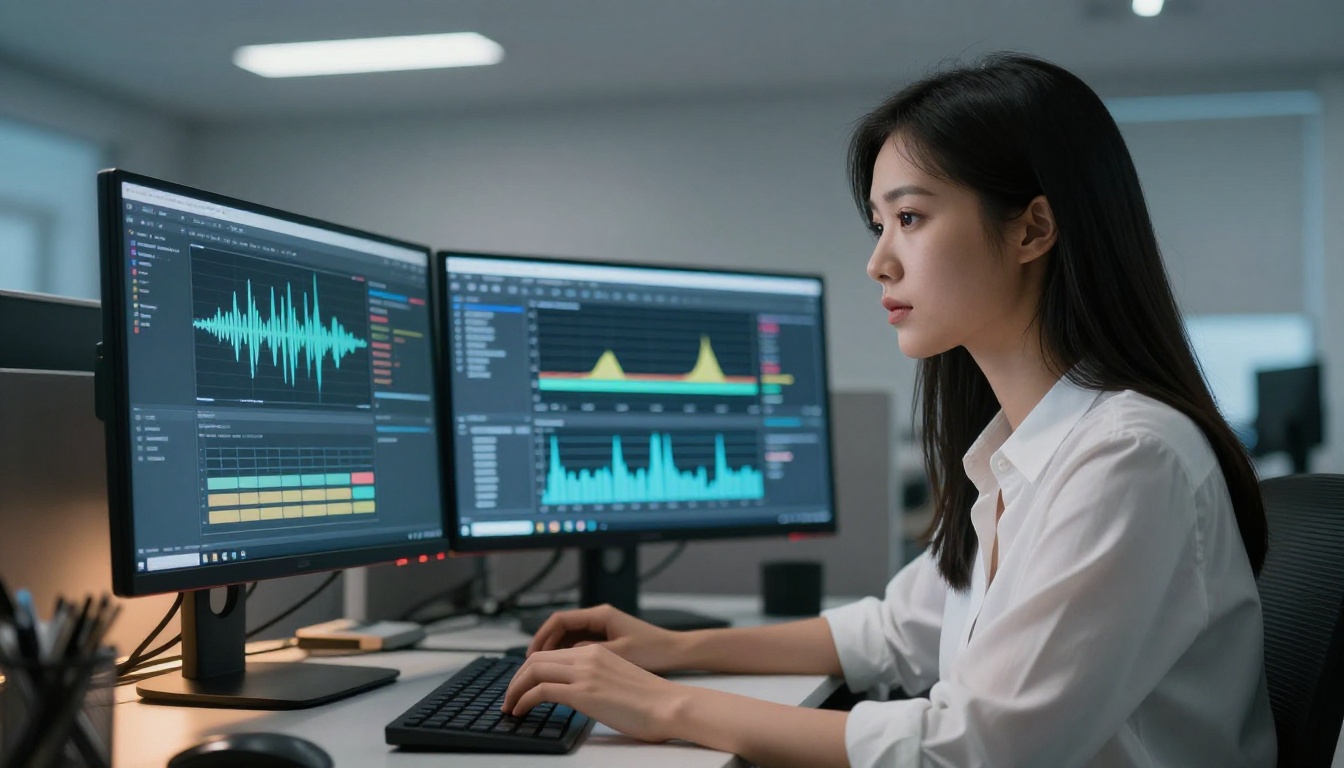 Young woman at dual-monitor workstation with audio waveform software on screen Young woman at dual-monitor workstation with audio waveform software on screen