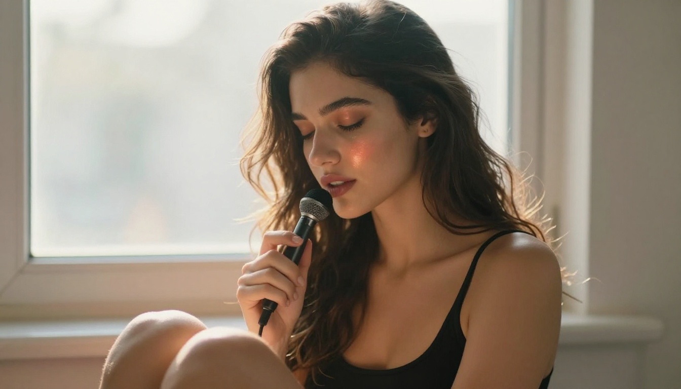 Young woman with wireless microphone at a sunlit window, backlit morning light Young woman with wireless microphone at a sunlit window, backlit morning light