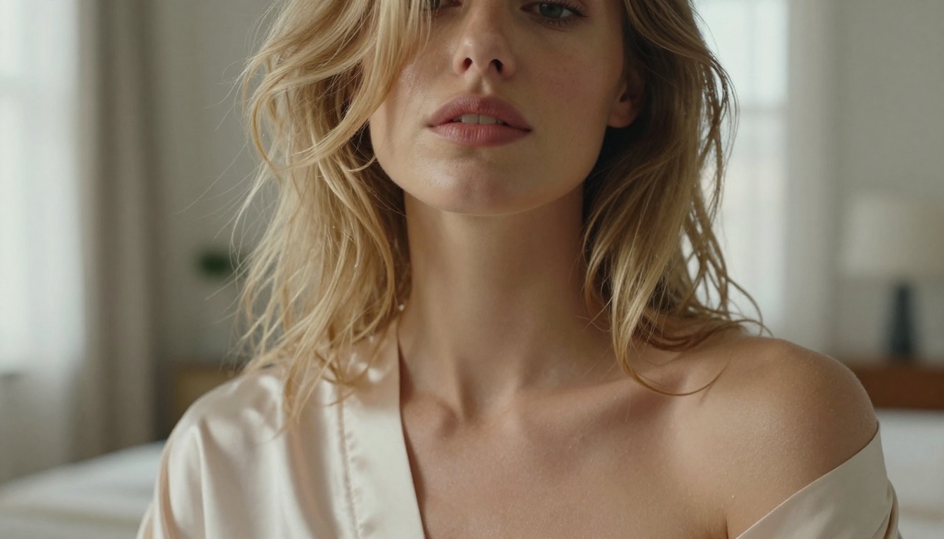 Close-up portrait of beautiful woman with loose blonde waves and silk robe, indoor natural light, ultra-realistic skin texture Close-up portrait of beautiful woman with loose blonde waves and silk robe, indoor natural light, ultra-realistic skin texture