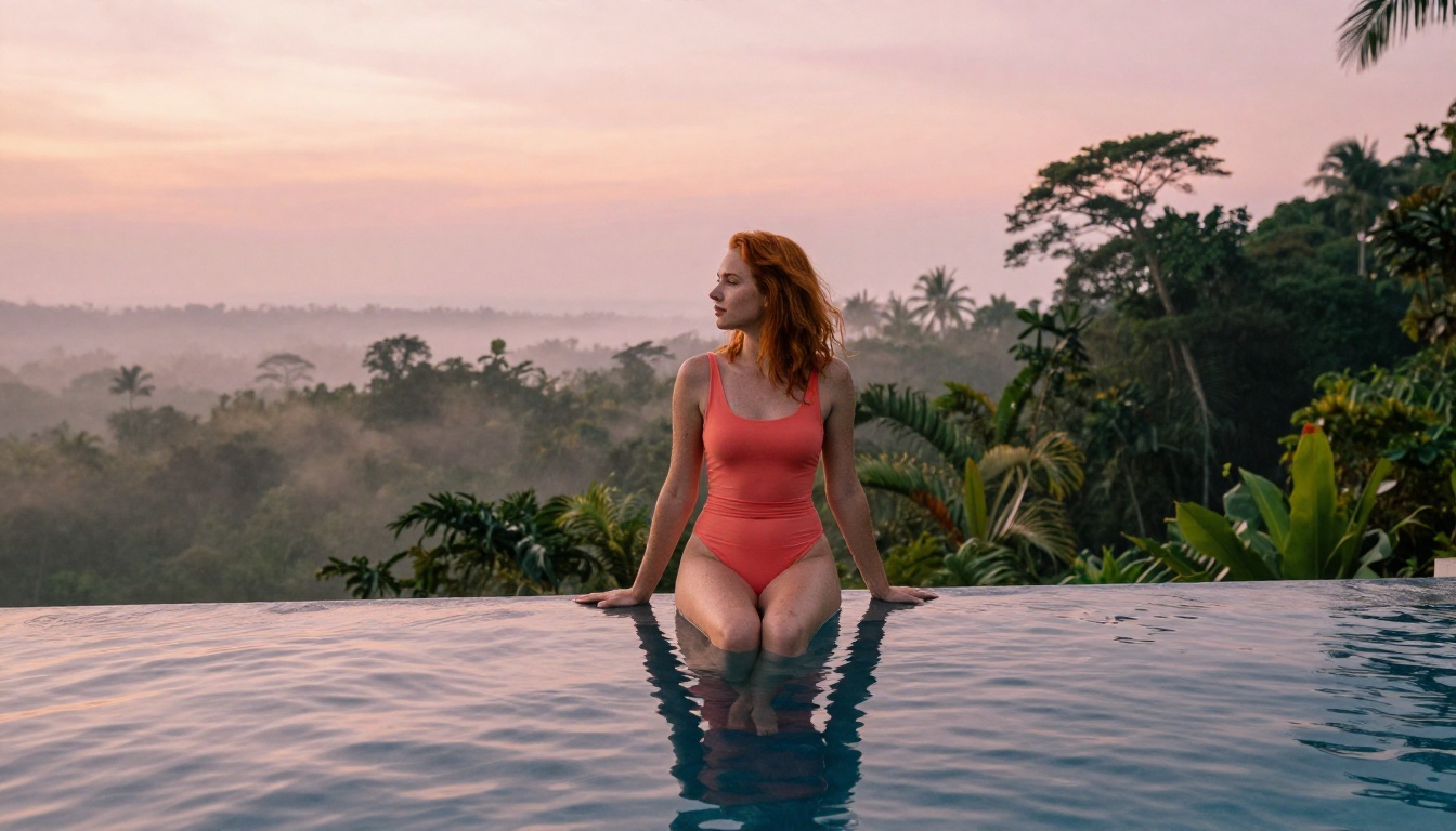 Woman with tousled red hair at edge of infinity pool overlooking tropical jungle at sunrise, aerial perspective Woman with tousled red hair at edge of infinity pool overlooking tropical jungle at sunrise, aerial perspective