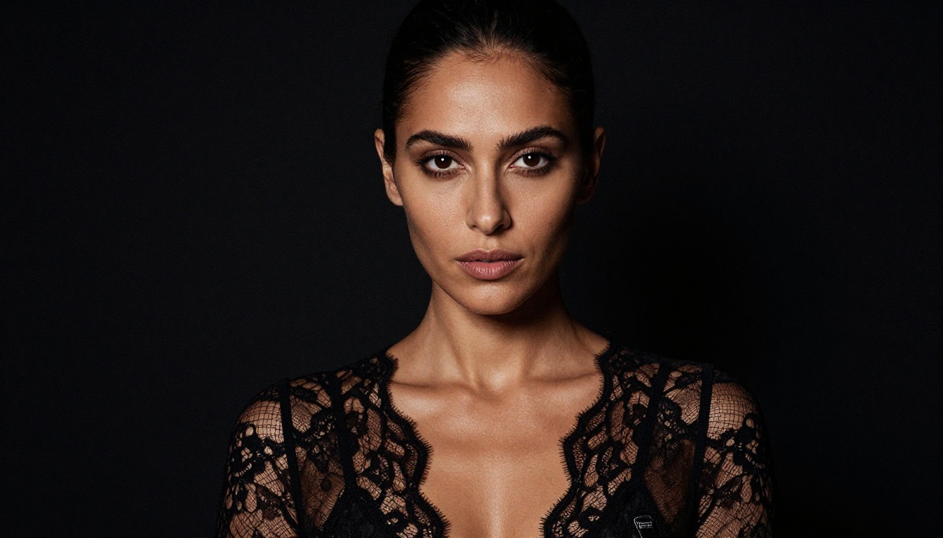 Dramatic studio-style portrait, woman with olive skin in sheer lace bodysuit, single Rembrandt key light, pore-level skin texture Dramatic studio-style portrait, woman with olive skin in sheer lace bodysuit, single Rembrandt key light, pore-level skin texture