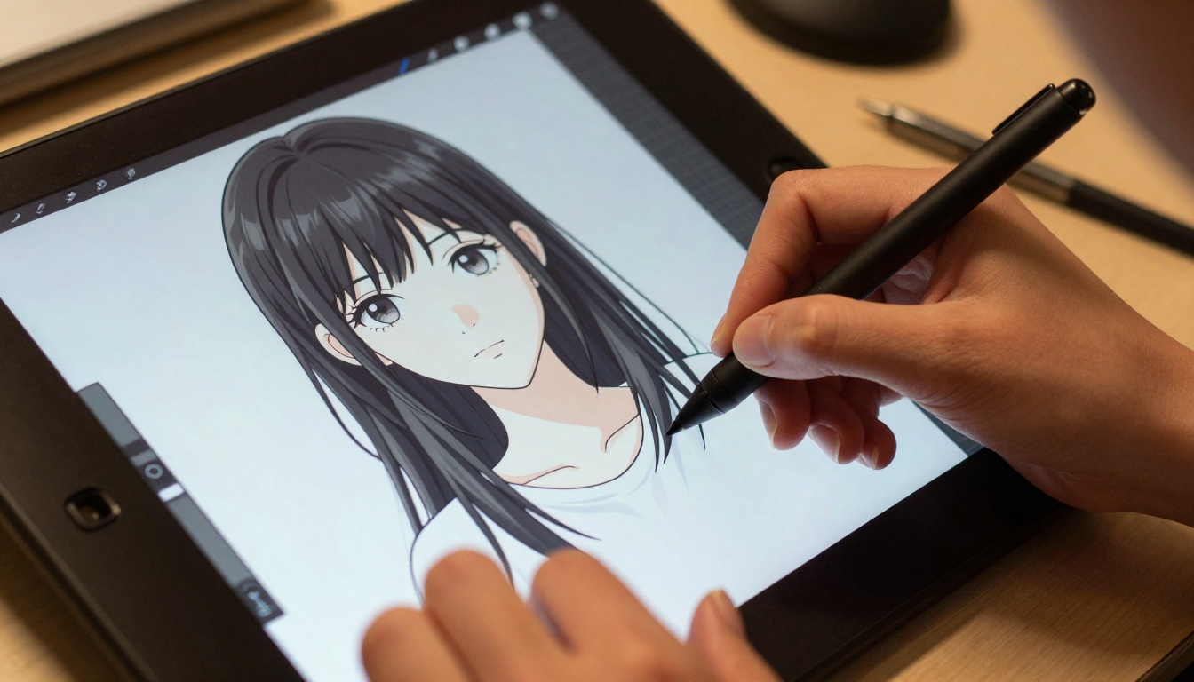 Hands precisely tracing anime character cutout on professional graphics tablet
