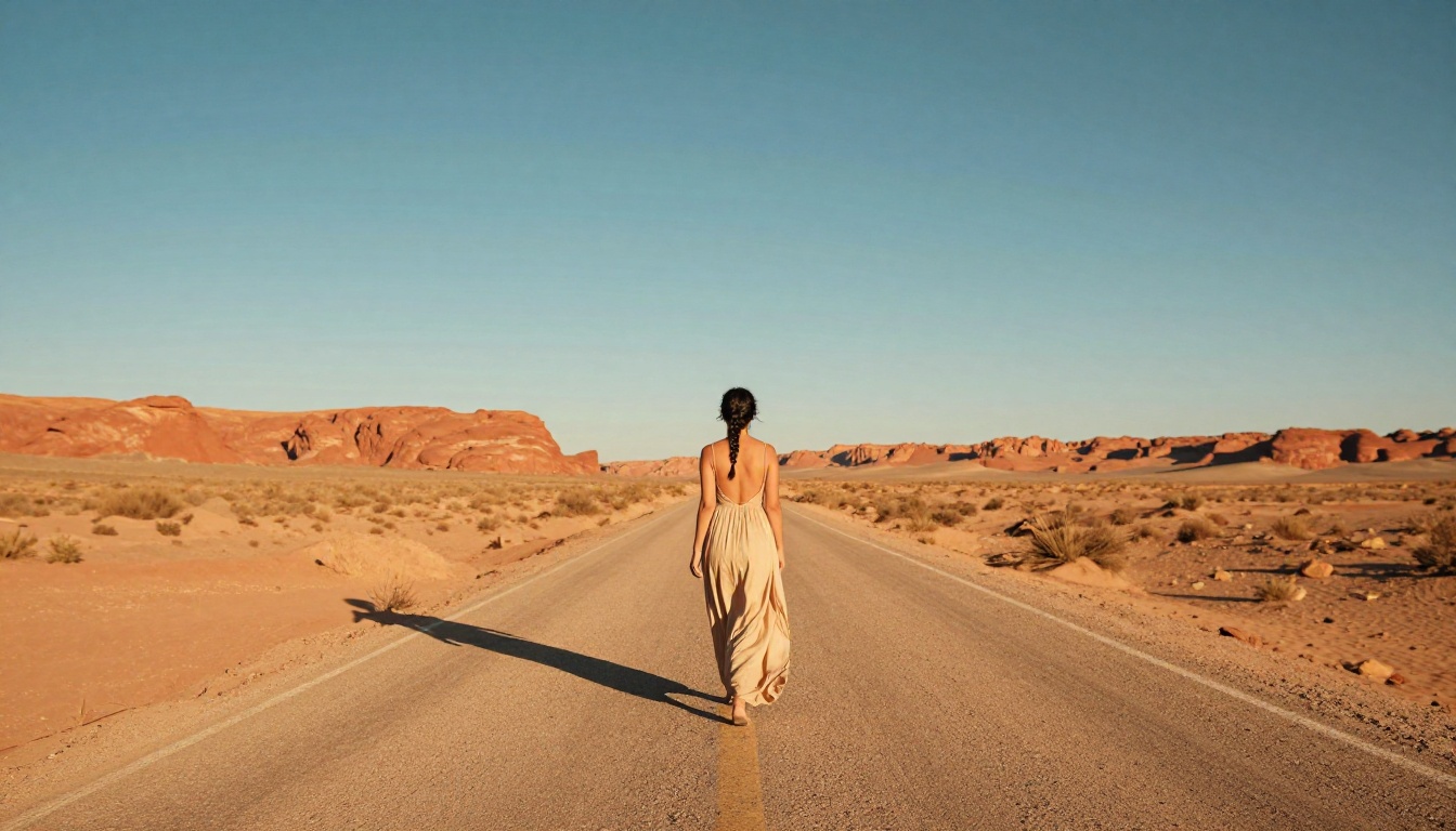 Woman with braided dark hair walking on sun-drenched desert road at magic hour, backless sundress, Kodak Ektar color profile Woman with braided dark hair walking on sun-drenched desert road at magic hour, backless sundress, Kodak Ektar color profile
