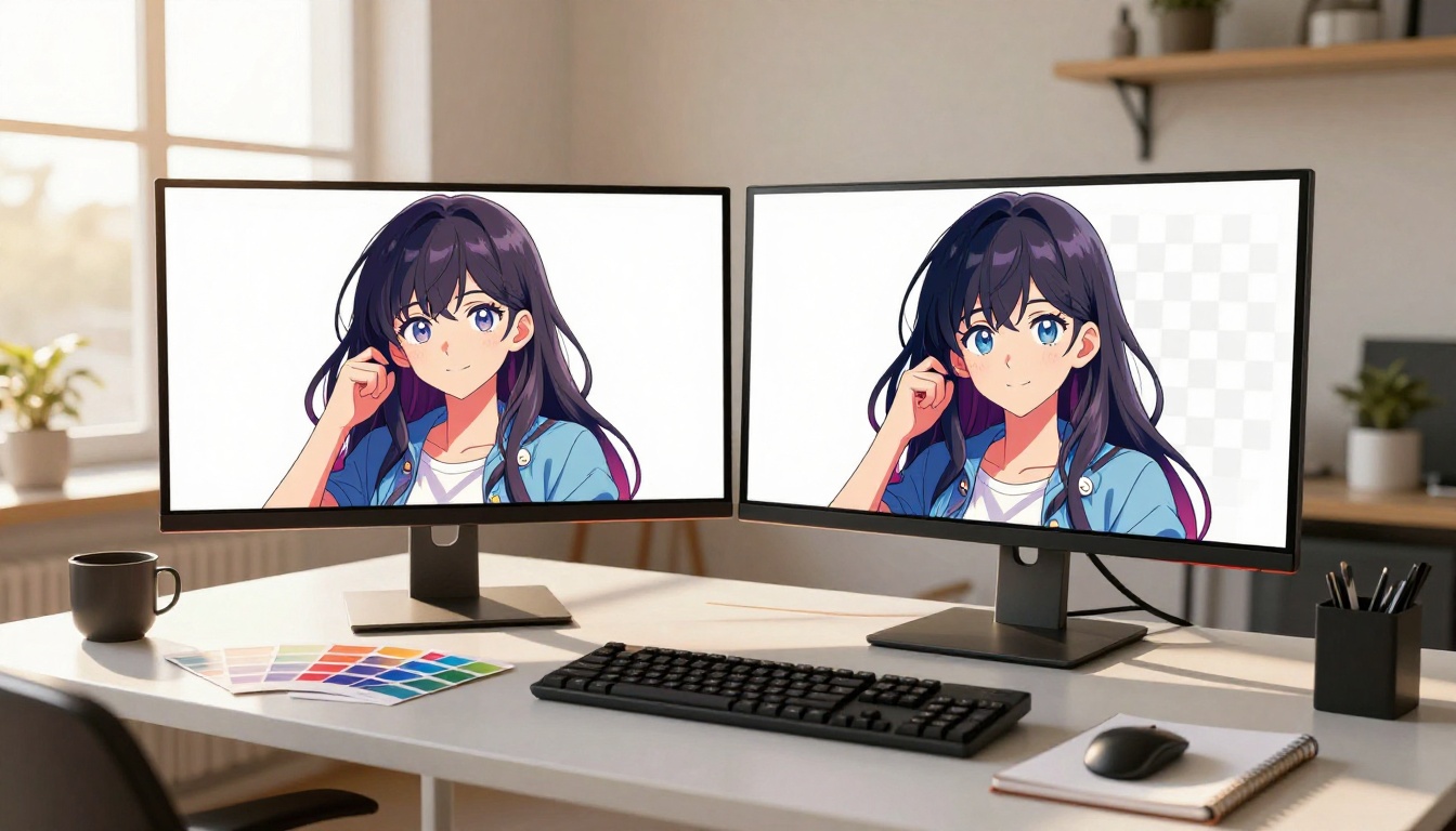 Creative studio with dual monitors showing before-and-after anime background removal