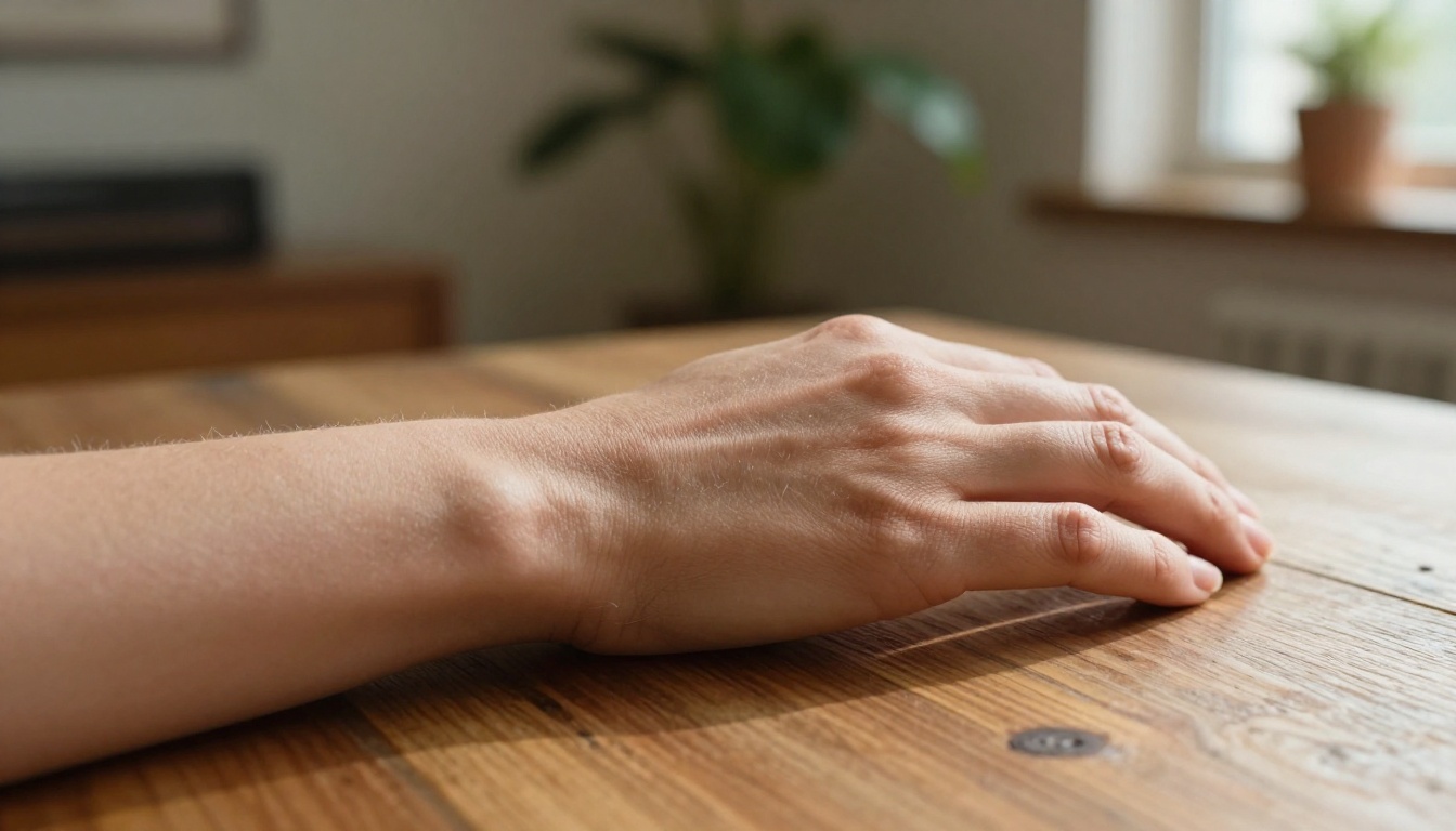 Close-up of woman's hand and forearm on vintage wood table, macro detail showing skin texture and fine hairs, warm afternoon window light Close-up of woman's hand and forearm on vintage wood table, macro detail showing skin texture and fine hairs, warm afternoon window light