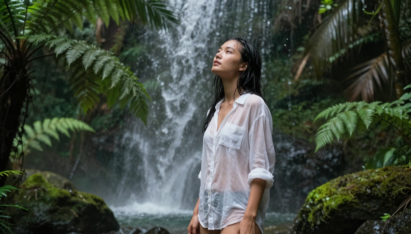 Woman in damp white linen shirt at tropical rainforest waterfall, water cascading over mossy rocks, volumetric light shafts through forest canopy Woman in damp white linen shirt at tropical rainforest waterfall, water cascading over mossy rocks, volumetric light shafts through forest canopy