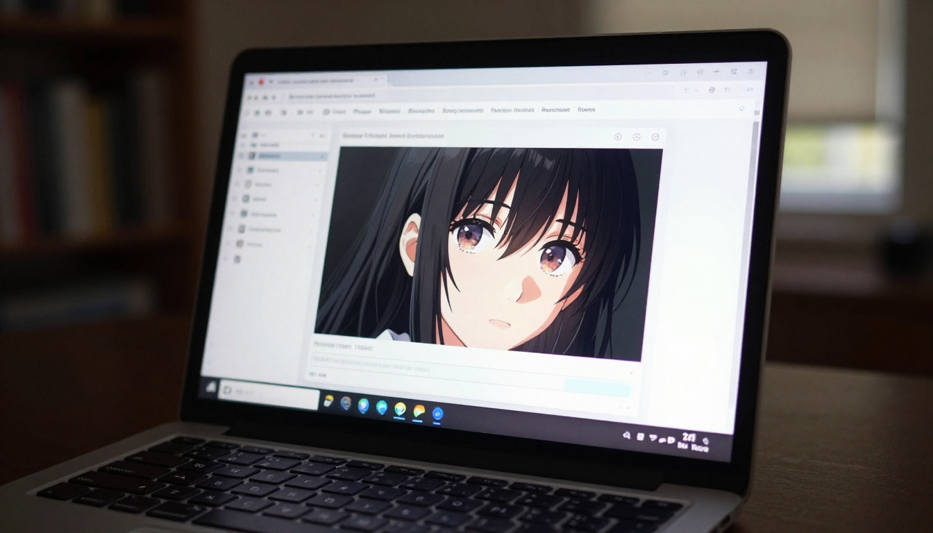 Laptop screen showing AI background removal processing an anime-style portrait