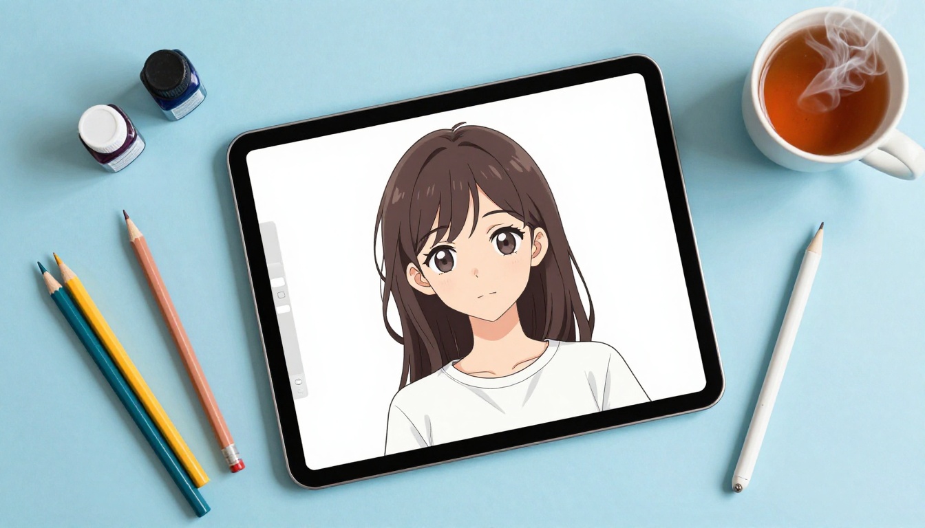 Designer's overhead flat-lay desk with printed anime artwork beside iPad showing transparent PNG