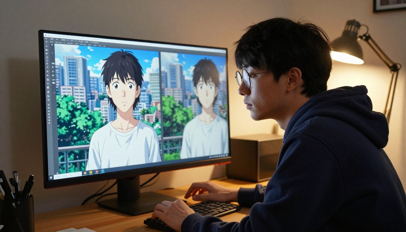 Man with round glasses examining before-and-after anime background removal comparison on monitor