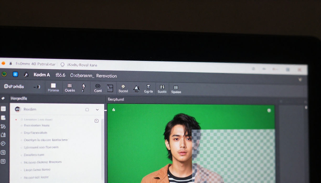 Macro close-up of a monitor displaying AI background removal interface with anime transparent preview
